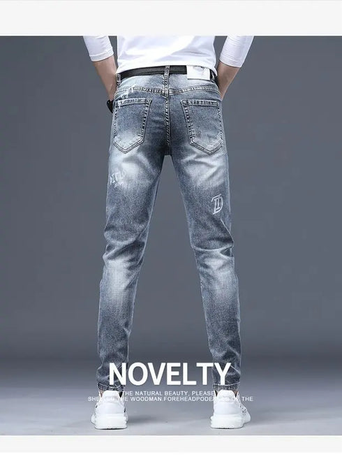 Slim Fit Korean Streetwear Graphical Printed Luxury Hip-Hop Stretch Denim Jeans for Men - Perfect Medium Wash Jeans Outfit